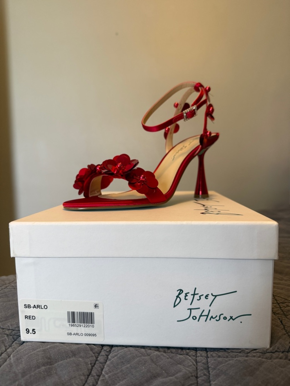 NWT Betsey Johnson Red Arlo Floral Sequin Ankle-Strap Heels